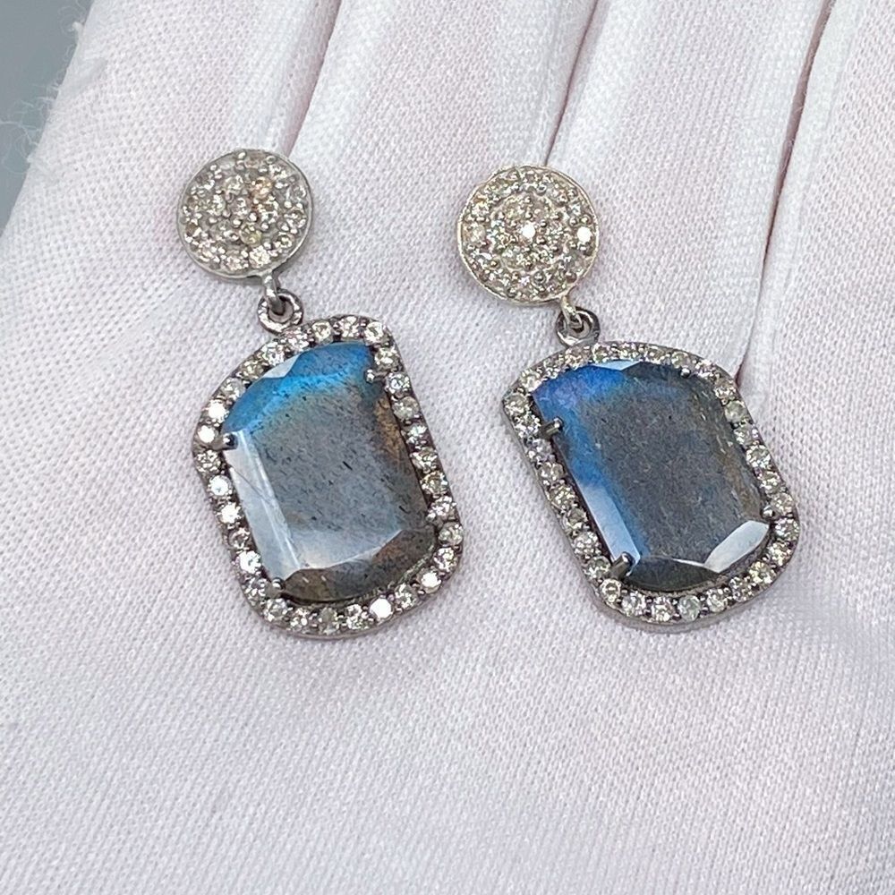 Adornia Fine Black Rhodium Sterling Silver Labradorite Diamond Drop Earrings - Picture 8 of 15